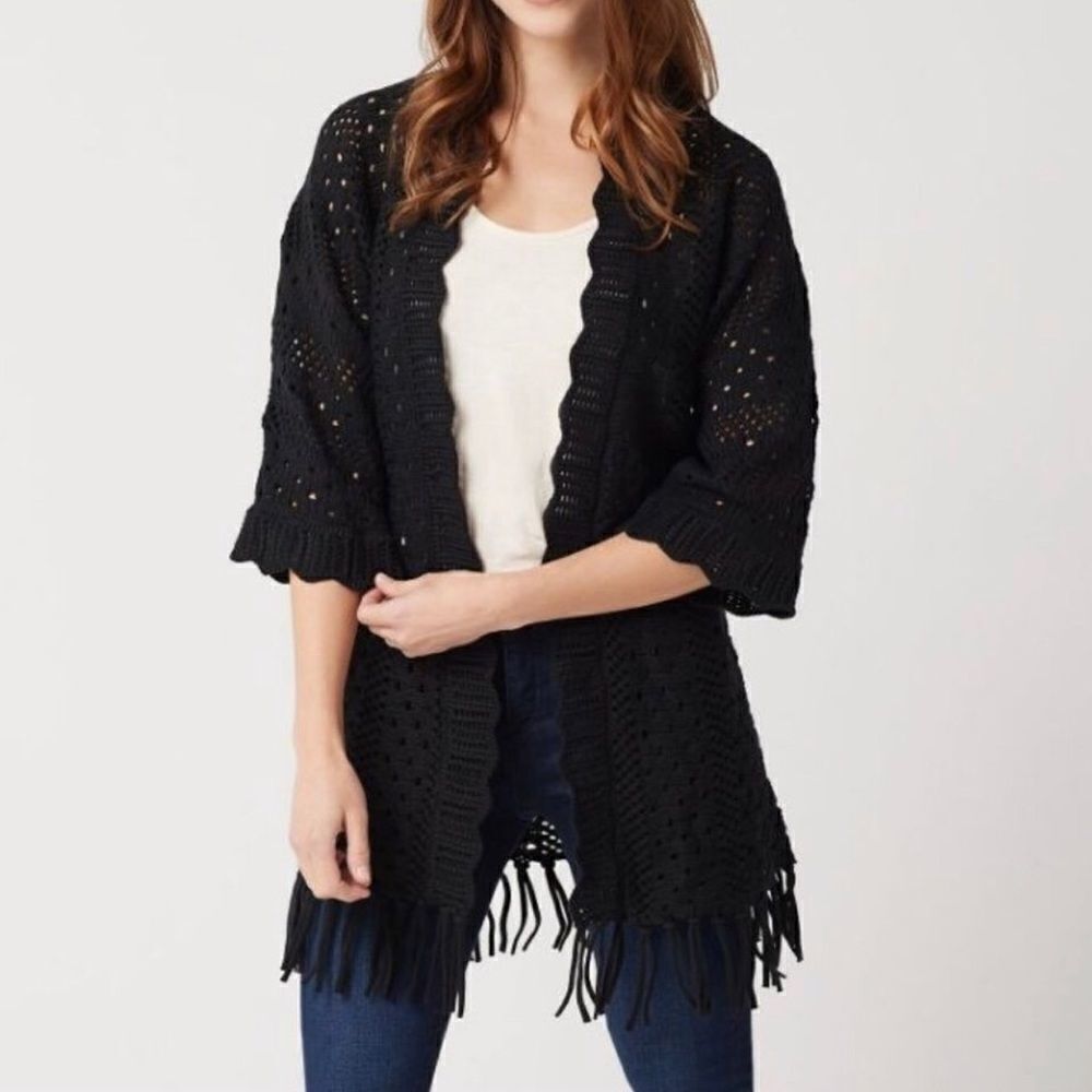 Isaac Mizrahi Open Stitch Cardigan Fringe Trim